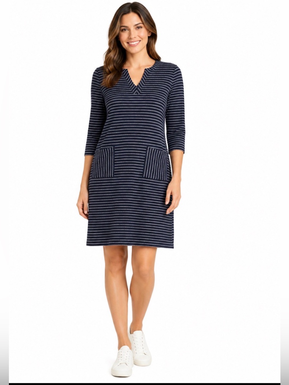 J. Jill Striped Knit Navy Dress with Pockets relaxed fit, Size L